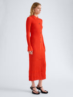 Proenza Schouler Side full length image of model wearing Rosario Dress in Textured Merino Wool in Orange