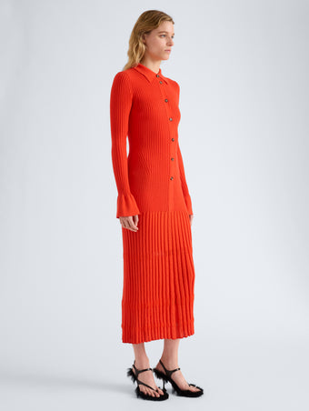 Proenza Schouler Side full length image of model wearing Rosario Dress in Textured Merino Wool in Orange