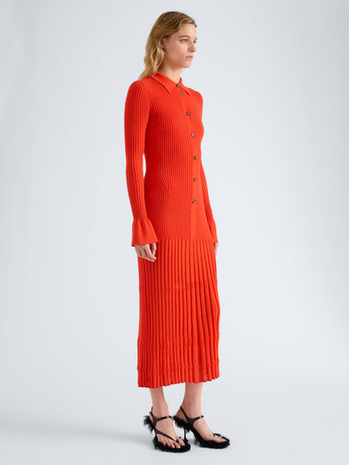 Proenza Schouler Side full length image of model wearing Rosario Dress in Textured Merino Wool in Orange