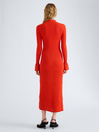 Proenza Schouler Back full length image of model wearing Rosario Dress in Textured Merino Wool in Orange