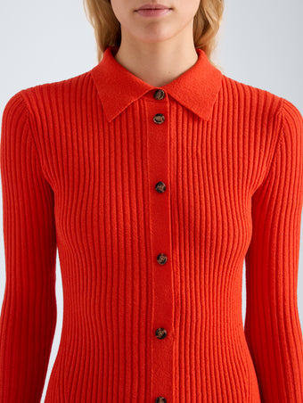 Proenza Schouler Detail image of model wearing Rosario Dress in Textured Merino Wool in Orange