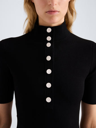 Proenza Schouler Detail image of model wearing Mathilde Dress in Compact Stretch Viscose in Black