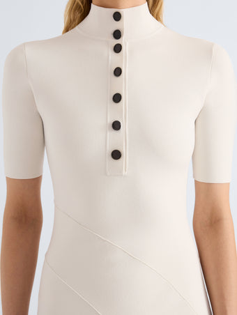 Proenza Schouler Detail image of model wearing Mathilde Dress in Compact Stretch Viscose in Off White