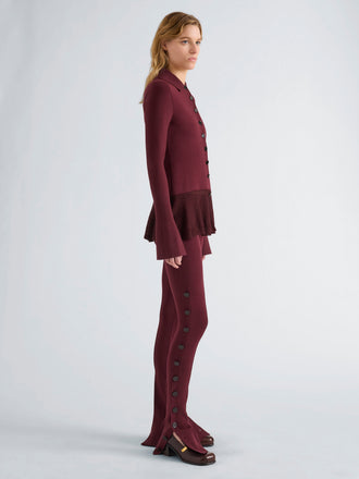 Proenza Schouler Side full length image of model wearing Martina Pant in Compact Stretch Viscose in Amarone