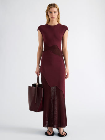 Proenza Schouler Front full length image of model wearing Maissa Dress in Compact Stretch Viscose in Amarone