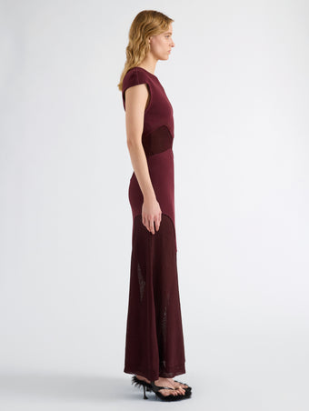 Proenza Schouler Side full length image of model wearing Maissa Dress in Compact Stretch Viscose in Amarone
