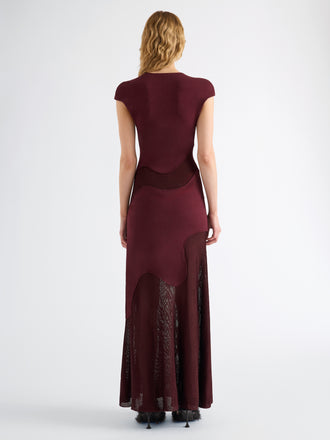 Proenza Schouler Back full length image of model wearing Maissa Dress in Compact Stretch Viscose in Amarone