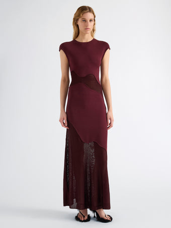 Proenza Schouler Front full length image of model wearing Maissa Dress in Compact Stretch Viscose in Amarone