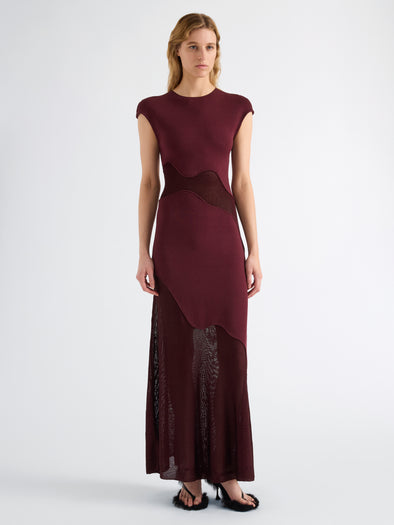 Proenza Schouler Front full length image of model wearing Maissa Dress in Compact Stretch Viscose in Amarone