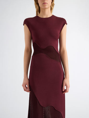 Proenza Schouler Detail image of model wearing Maissa Dress in Compact Stretch Viscose in Amarone