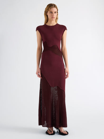 Proenza Schouler Front full length image of model wearing Maissa Dress in Compact Stretch Viscose in Amarone