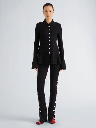 Proenza Schouler Front full length image of model wearing Daria Jacket In Plaid Wool Suiting in Grey Multi