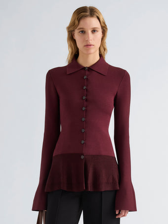 Proenza Schouler Front cropped image of model wearing Martina Jacket in Compact Stretch Viscose in Amarone