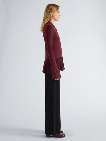 Proenza Schouler Side full length image of model wearing Martina Jacket in Compact Stretch Viscose in Amarone