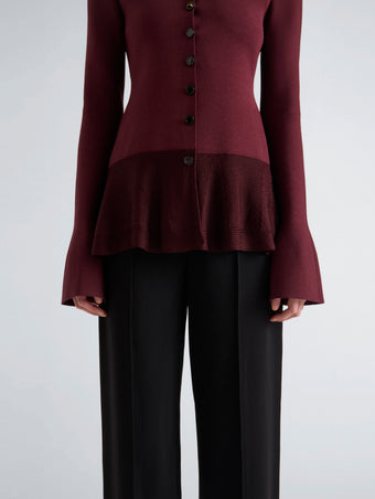 Proenza Schouler Detail image of model wearing Martina Jacket in Compact Stretch Viscose in Amarone