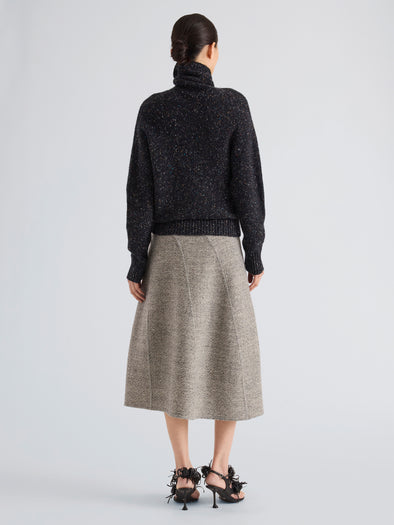 Proenza Schouler Back full length image of model wearing Abie Sweater in Donegal Knit in Black Multi