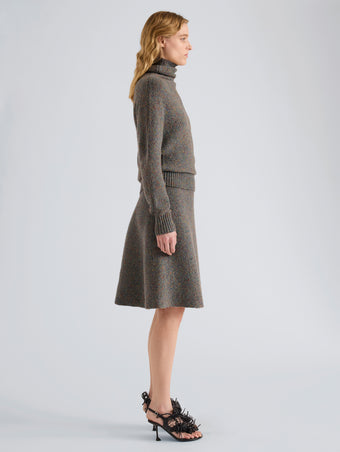 Proenza Schouler Side full length image of model wearing Abie Sweater in Donegal Knit in Blue Multi