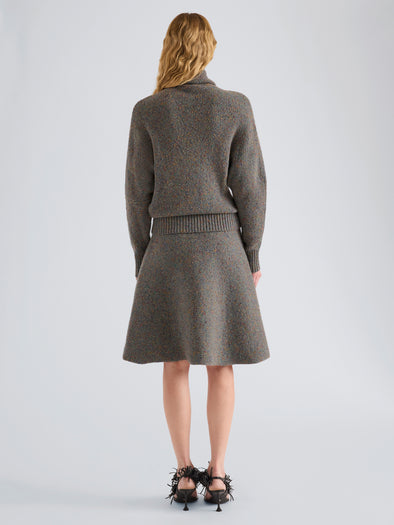 Proenza Schouler Back full length image of model wearing Abie Sweater in Donegal Knit in Blue Multi