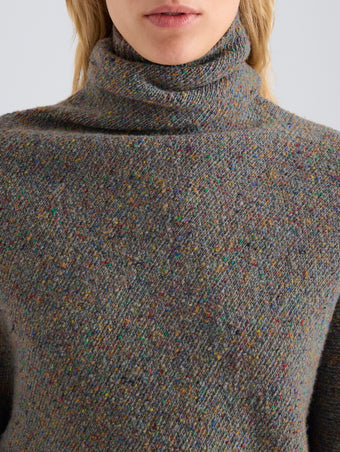 Proenza Schouler Detail image of model wearing Abie Sweater in Donegal Knit in Blue Multi