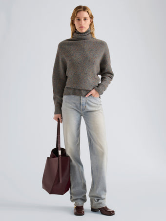 Proenza Schouler Detail image of model wearing Abie Sweater in Donegal Knit in Blue Multi