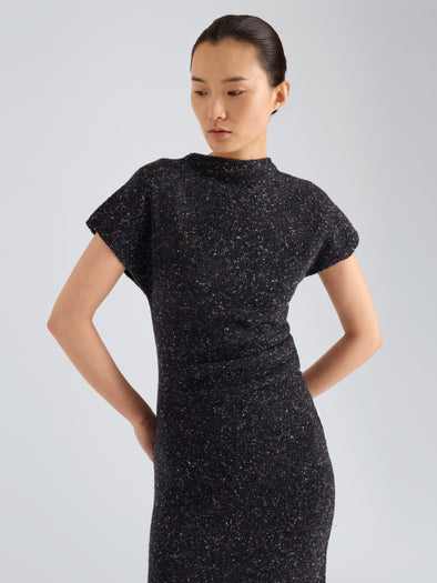 Proenza Schouler Detail Image of model wearing Abie Dress in Donegal Knit in Black Multi