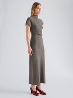 Proenza Schouler Side full length image of model wearing Abie Dress in Dress in Donegal Knit in Blue Multi