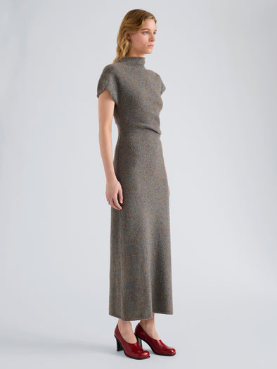 Proenza Schouler Side full length image of model wearing Abie Dress in Dress in Donegal Knit in Blue Multi