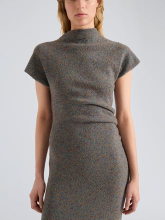 Proenza Schouler Detail image of model wearing Abie Dress in Dress in Donegal Knit in Blue Multi