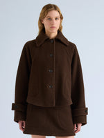 Proenza Schouler Front cropped image of model wearing Clarice Jacket in Casentino Wool in Dark Brown