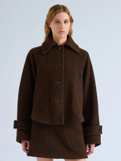 Proenza Schouler Front cropped image of model wearing Clarice Jacket in Casentino Wool in Dark Brown