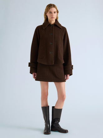 Proenza Schouler Front full length image of model wearing Clarice Jacket in Casentino Wool in Dark Brown