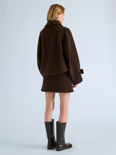 Proenza Schouler Back full length image of model wearing Clarice Jacket in Casentino Wool in Dark Brown