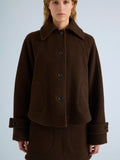 Proenza Schouler Detail image of model wearing Clarice Jacket in Casentino Wool in Dark Brown