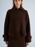 Proenza Schouler Detail image of model wearing Clarice Jacket in Casentino Wool in Dark Brown