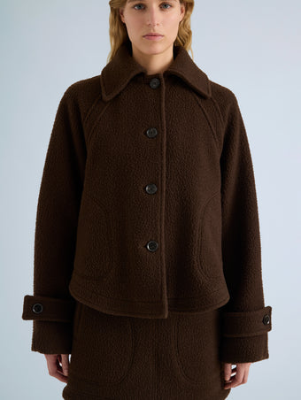 Proenza Schouler Detail image of model wearing Clarice Jacket in Casentino Wool in Dark Brown