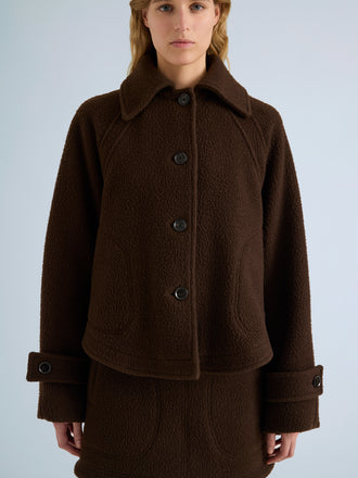 Proenza Schouler Detail image of model wearing Clarice Jacket in Casentino Wool in Dark Brown