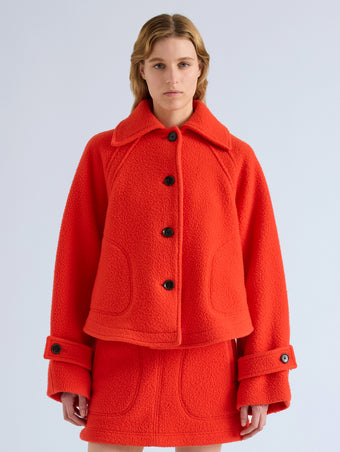 Proenza Schouler Front cropped image of model wearing Clarice Jacket in Casentino Wool in Flame