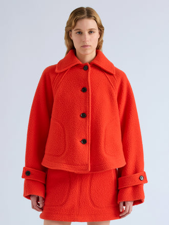 Proenza Schouler Front cropped image of model wearing Clarice Jacket in Casentino Wool in Flame