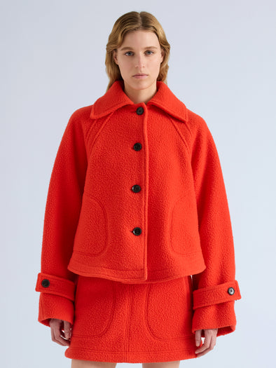 Proenza Schouler Front cropped image of model wearing Clarice Jacket in Casentino Wool in Flame