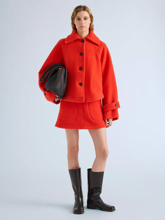 Proenza Schouler Front full length image of model wearing Clarice Jacket in Casentino Wool in Flame