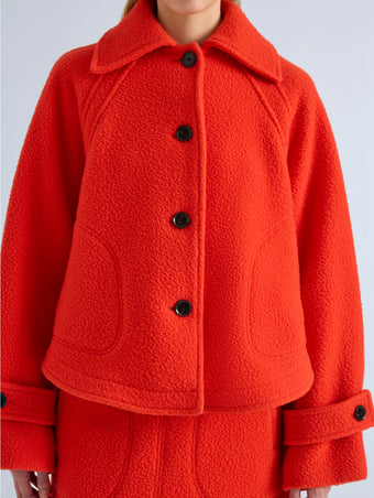 Proenza Schouler Detail image of model wearing Clarice Jacket in Casentino Wool in Flame