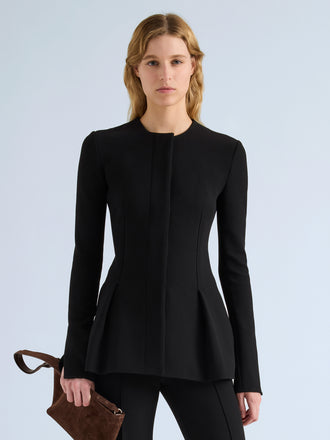 Proenza Schouler Front cropped image of model wearing Sonia Jacket in Bi-Stretch Suiting in Black