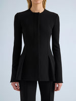Proenza Schouler Detail image of model wearing Sonia Jacket in Bi-Stretch Suiting in Black