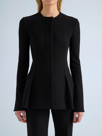 Proenza Schouler Detail image of model wearing Sonia Jacket in Bi-Stretch Suiting in Black