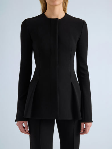 Proenza Schouler Detail image of model wearing Sonia Jacket in Bi-Stretch Suiting in Black