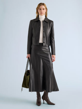 Proenza Schouler Front full length image of model wearing Kenza Jacket in Nappa Leather in Black