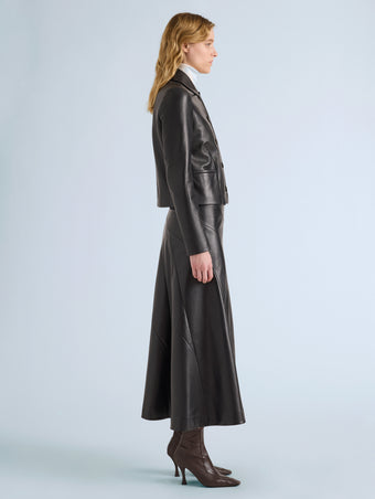 Proenza Schouler Side full length image of model wearing Kenza Jacket in Nappa Leather in Black