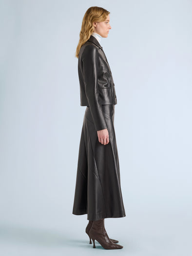Proenza Schouler Side full length image of model wearing Kenza Jacket in Nappa Leather in Black