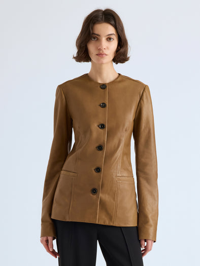 Proenza Schouler Front cropped image of model wearing Annemarie Jacket in Nappa Leather in Dark Khaki