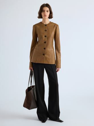 Proenza Schouler Front full length image of model wearing Annemarie Jacket in Nappa Leather in Dark Khaki